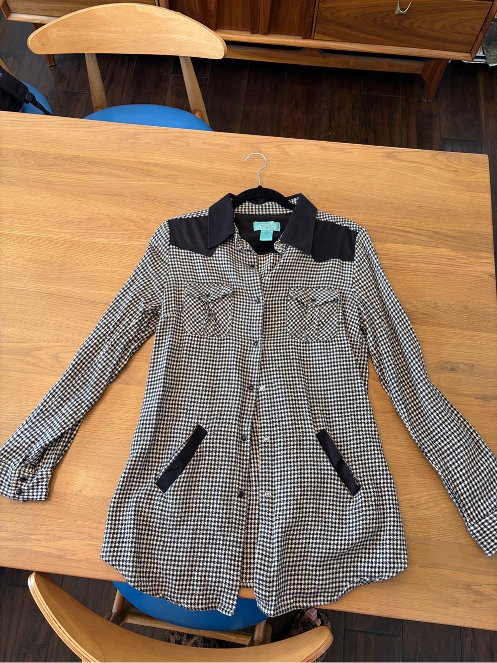 Tasha Polizzi Black & White Checked Button-Down Longline Western Flannel Shirt
